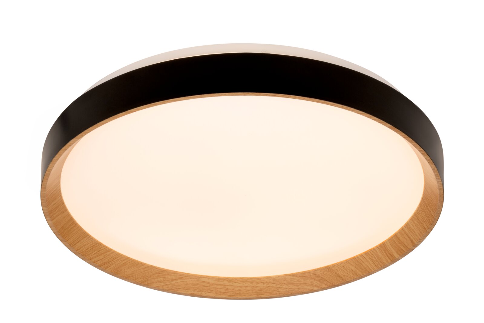 Runde LED-Deckenleuchte mit Holz- und Metallelementen, seitliche Perspektive