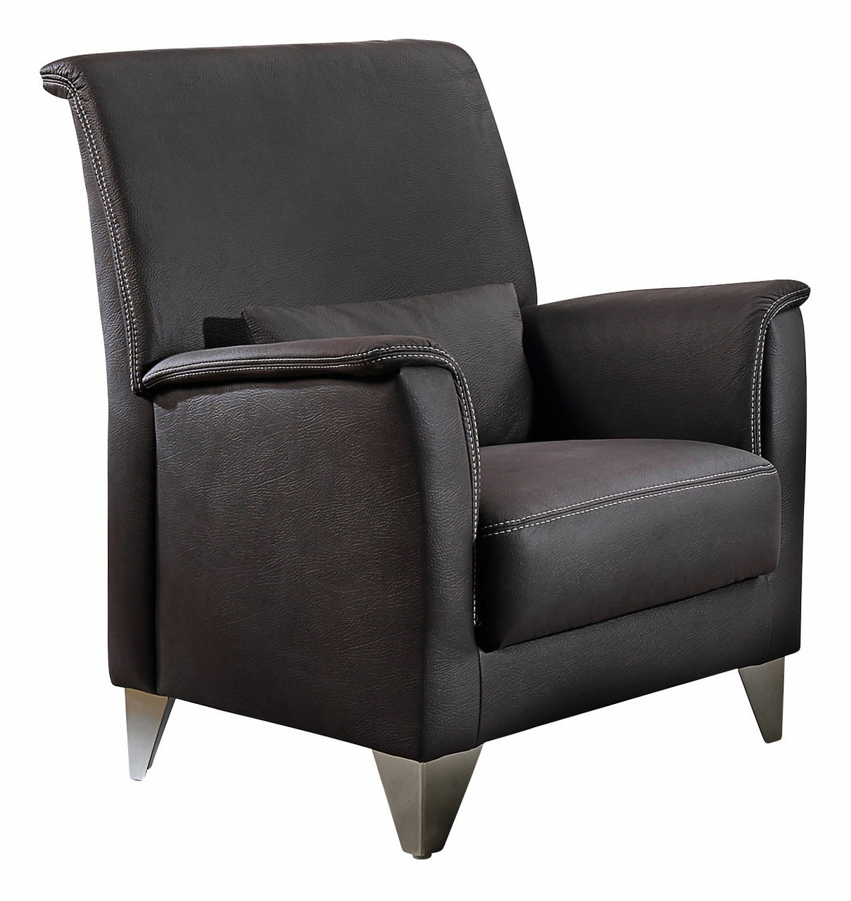 Moderner Einzelsessel aus dunklem Leder mit Metallfüßen, seitliche Perspektive