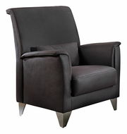 Moderner Einzelsessel aus dunklem Leder mit Metallfüßen, seitliche Perspektive