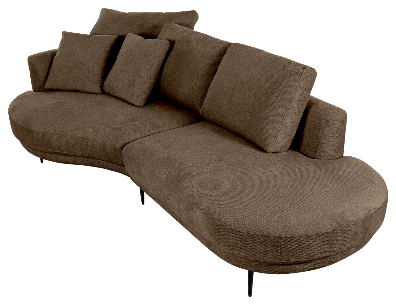 Braunes, modernes Sofa mit Ottomane links, runde Form, vier Kissen, seitliche Perspektive
