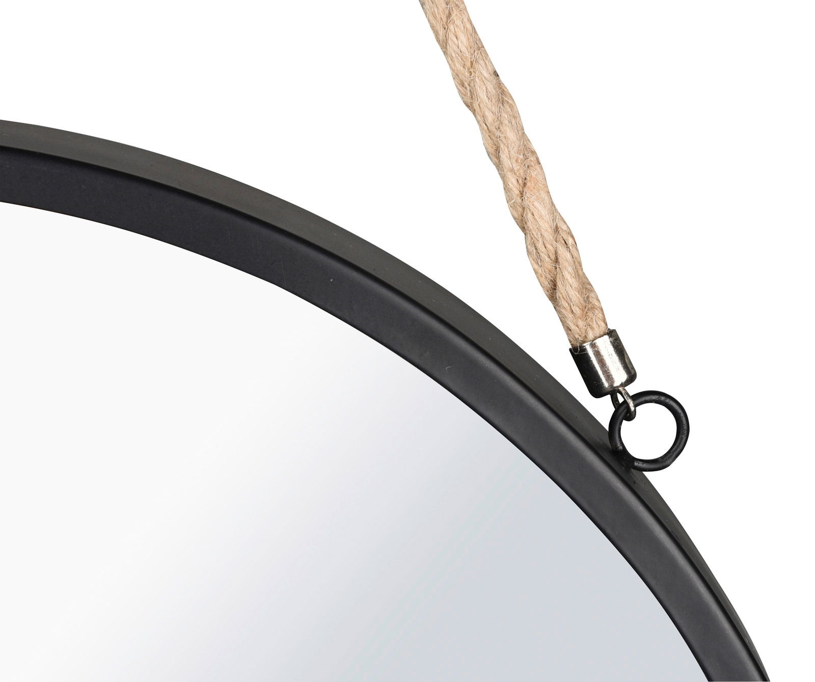 Nahaufnahme eines runden Hängespiegels mit schwarzem Rahmen und Seilaufhängung.