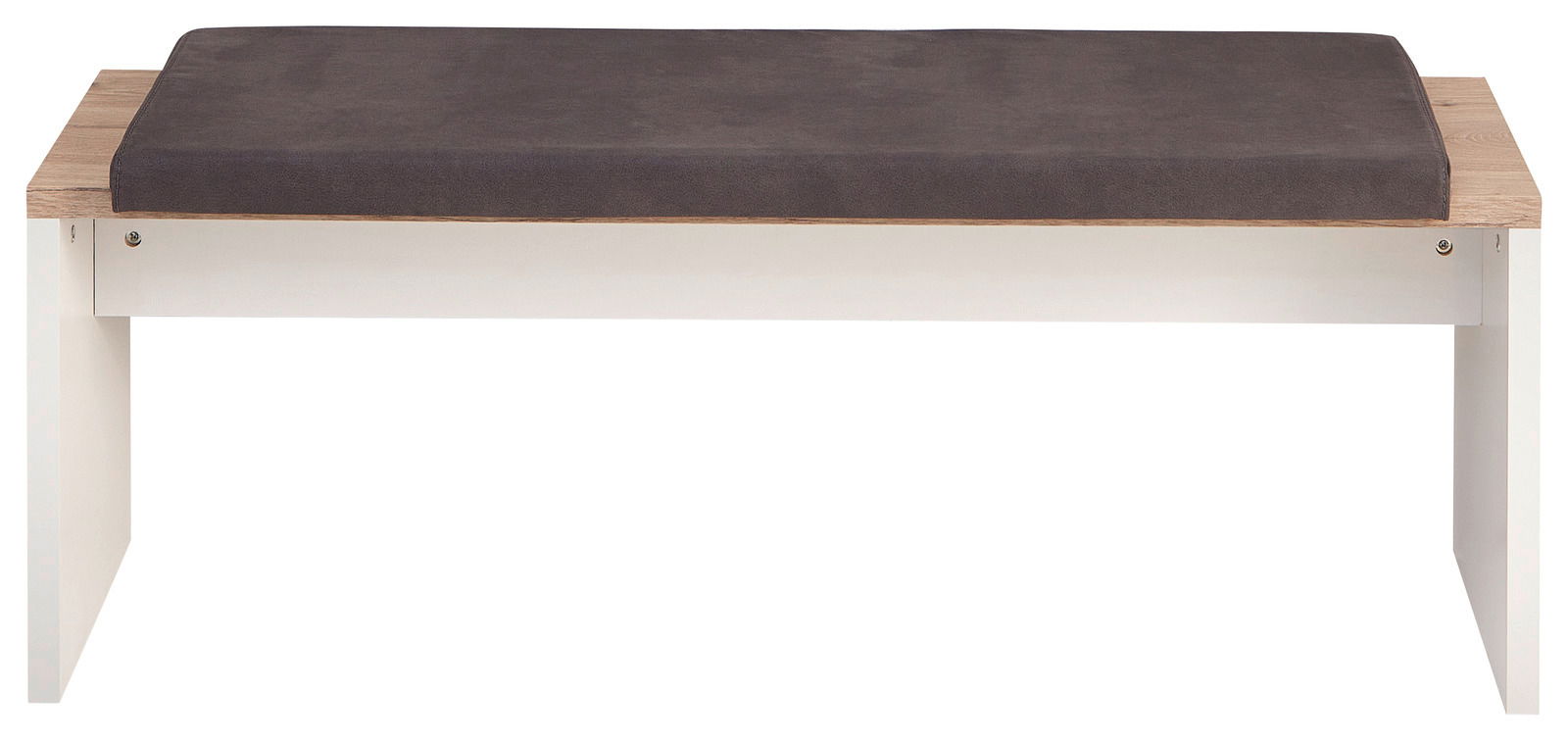 Bank mit gepolsterter Sitzfläche in dunklem Grau, Holzrahmen und weißem Untergestell, Frontalansicht