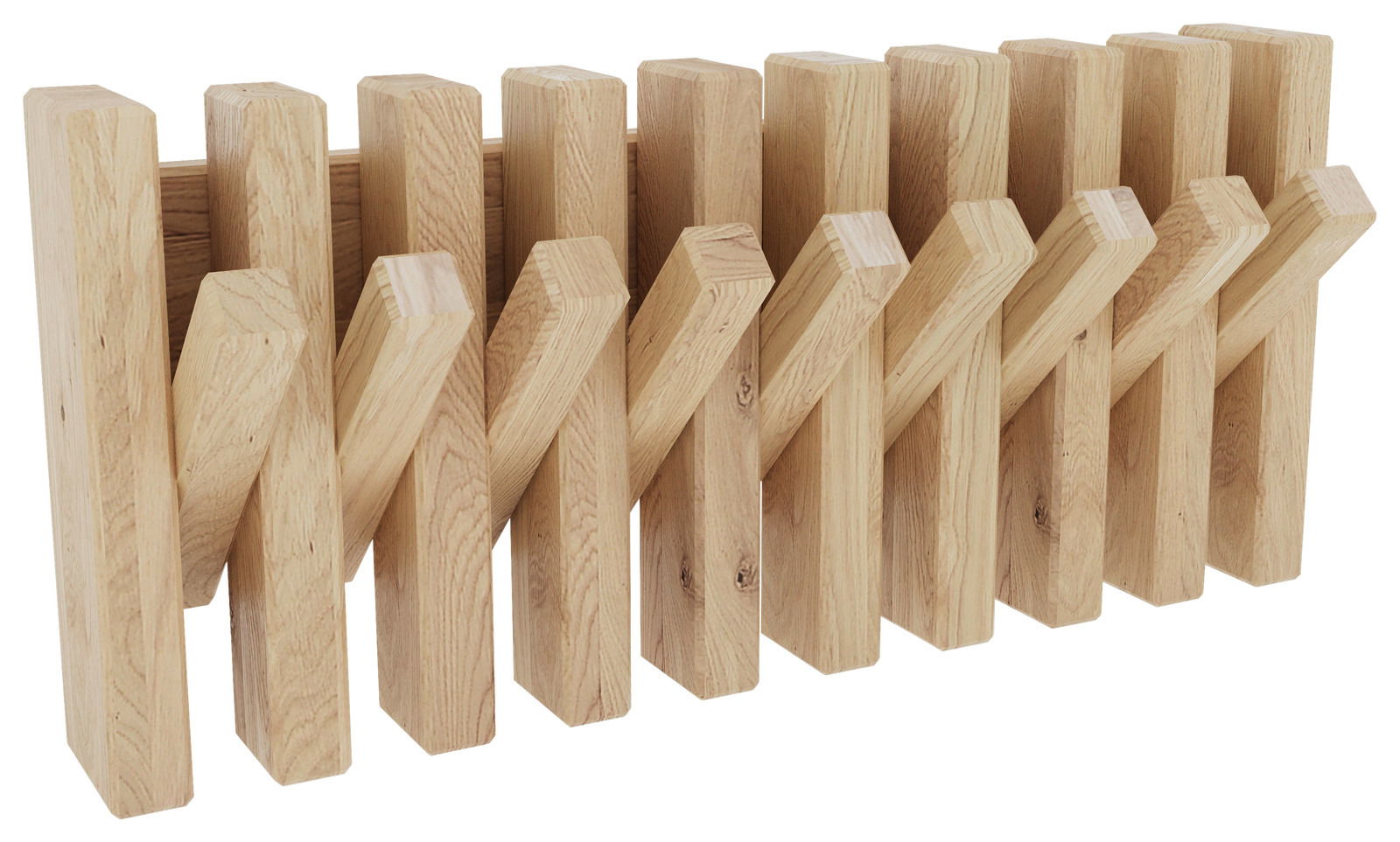 Garderobenleiste aus Holz mit mehreren Haken, seitliche Perspektive