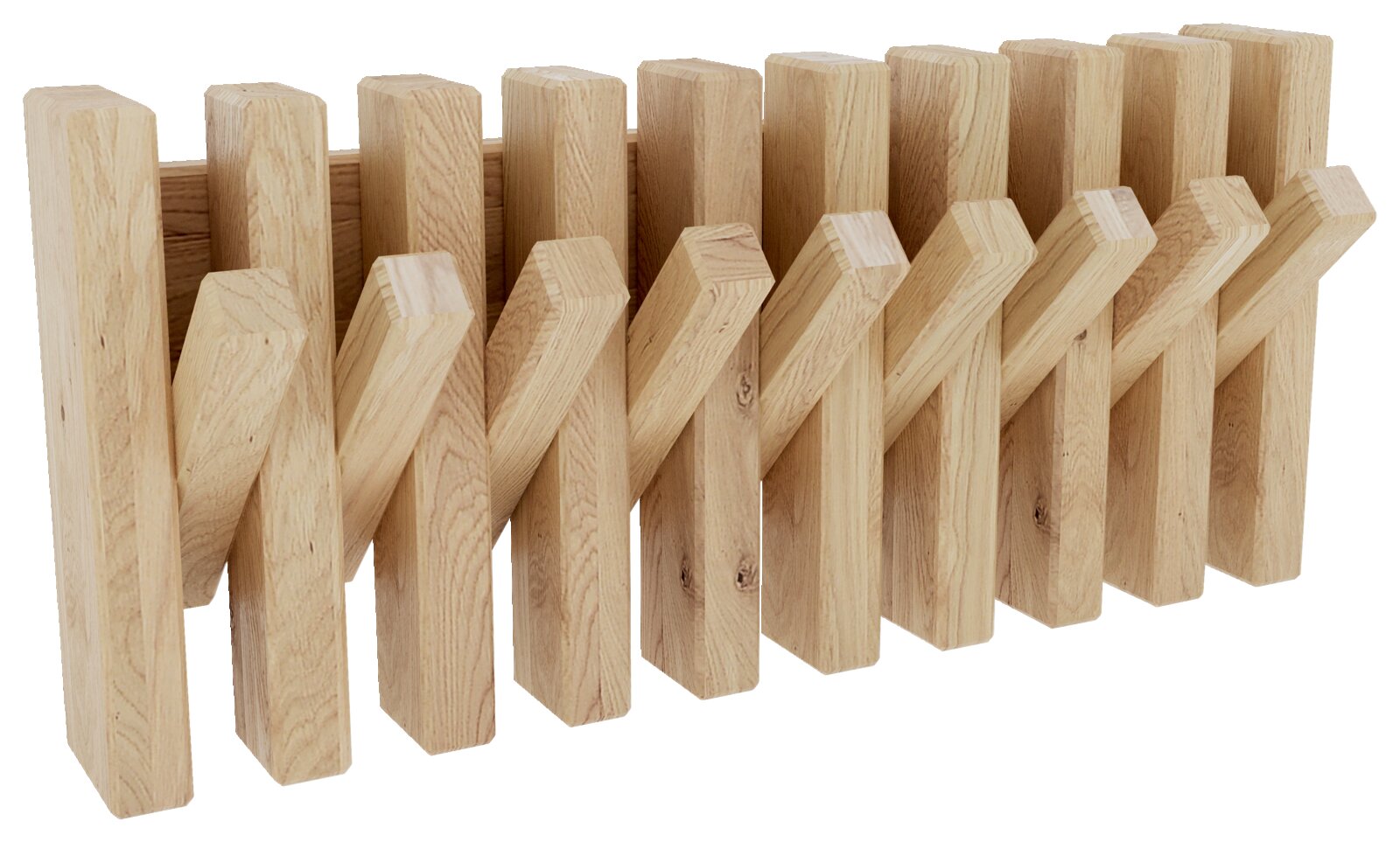 Garderobenleiste aus Holz mit mehreren Haken, seitliche Perspektive