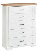 Weiße Schubkastenkommode mit fünf Schubladen und einer Holzplatte, Frontalansicht