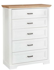 Weiße Schubkastenkommode mit fünf Schubladen und einer Holzplatte, Frontalansicht