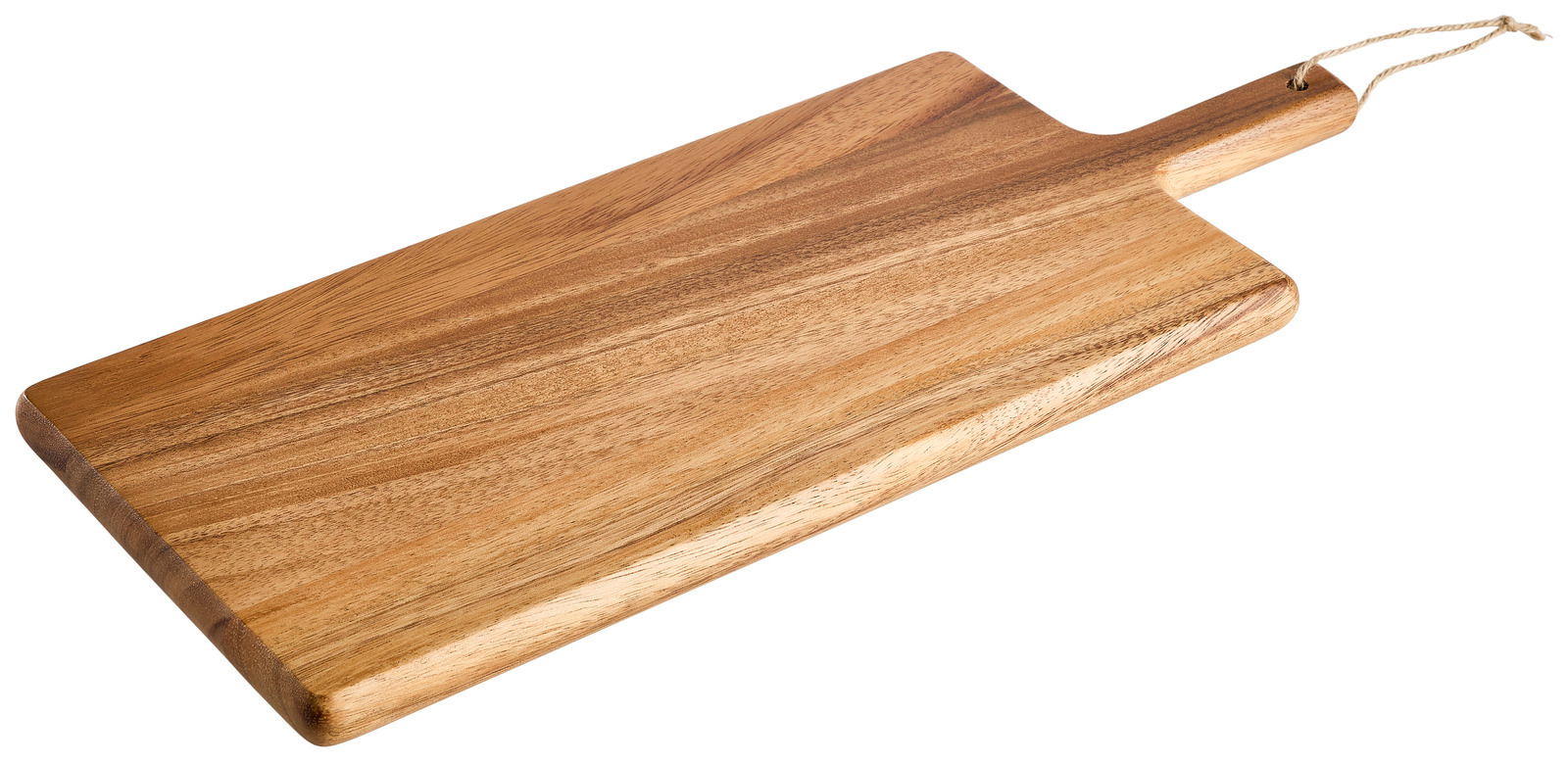 Holzschneidebrett mit Griff und Kordel, schräg von oben fotografiert