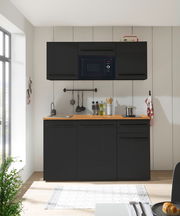 Moderne Single-Küche 160 in schwarzem Design mit Hängeschränken, Mikrowelle, Spüle und Kochfeld, frontal betrachtet.