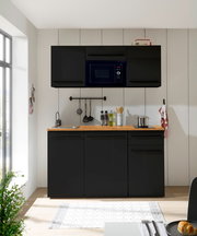 Moderne Single-Küche 160 in schwarzem Design mit Hängeschränken, Mikrowelle, Spüle und Kochfeld, frontal betrachtet.