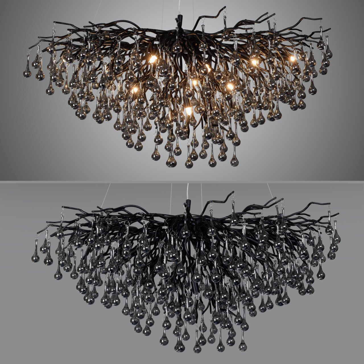 Moderner Kronleuchter ICICLE mit verzweigten, schwarzen Strukturen und hängenden Glastropfen, beleuchtet und unbeleuchtet, aus der Seitenperspektive.