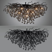 Moderner Kronleuchter ICICLE mit verzweigten, schwarzen Strukturen und hängenden Glastropfen, beleuchtet und unbeleuchtet, aus der Seitenperspektive.