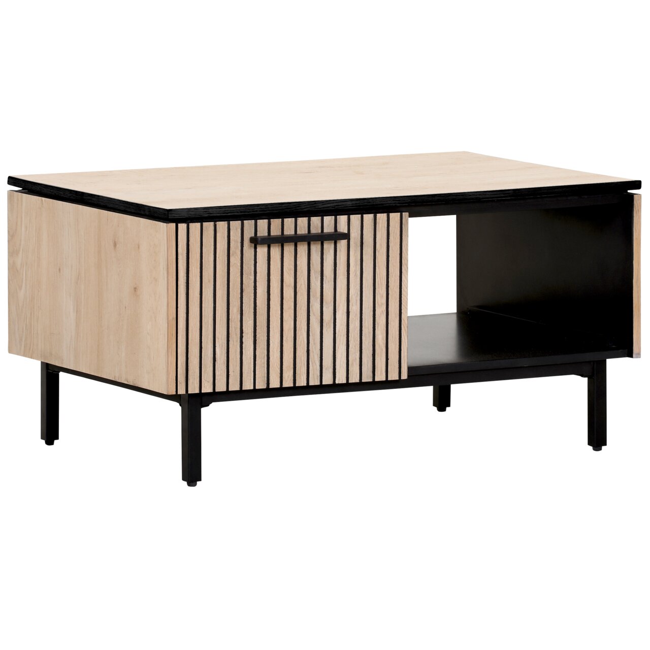 Moderner Couchtisch aus Holz mit schwarzen Metallbeinen, seitliche Perspektive