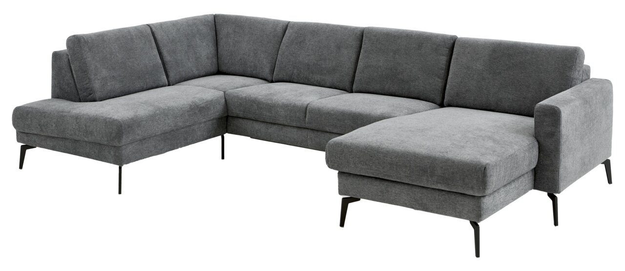 Graue Polsterrundecke in L-Form mit schwarzem Metallgestell, Perspektive von vorne rechts
