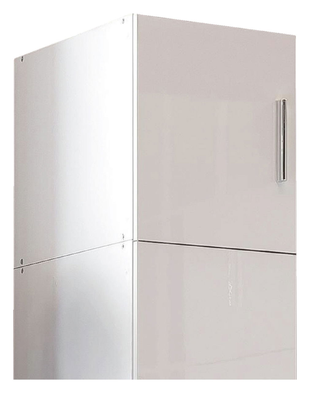 Weißer, moderner Schrankaufsatz mit Metallgriff, seitliche Perspektive