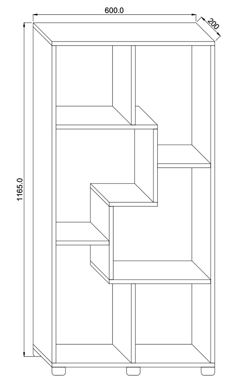 Technische Strichzeichnung eines schmalen Regals/Bücherregals mit versetzten Fächern, Maße ca. 60 cm Breite, 20 cm Tiefe und 116,5 cm Höhe, dargestellt in frontaler Ansicht mit leichter 3D-Perspektive.
