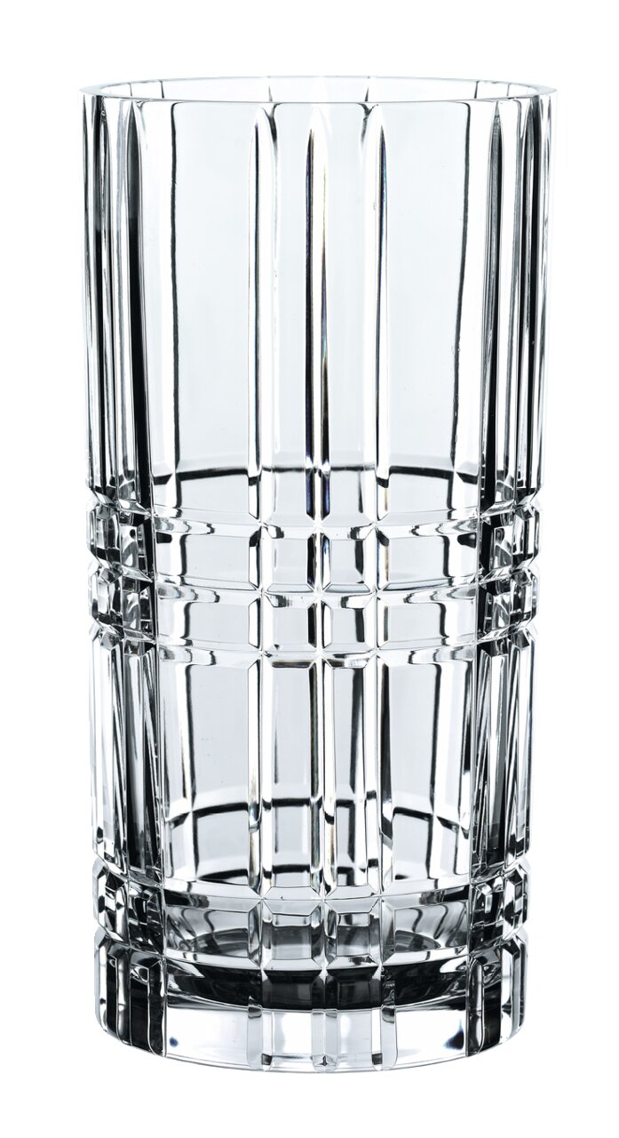 Klare, quadratische Vase aus Glas mit vertikalem Rillenmuster, frontal abgebildet.