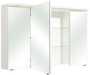 Geöffneter Spiegelschrank mit zwei Türen und Glasregalen, seitliche Perspektive