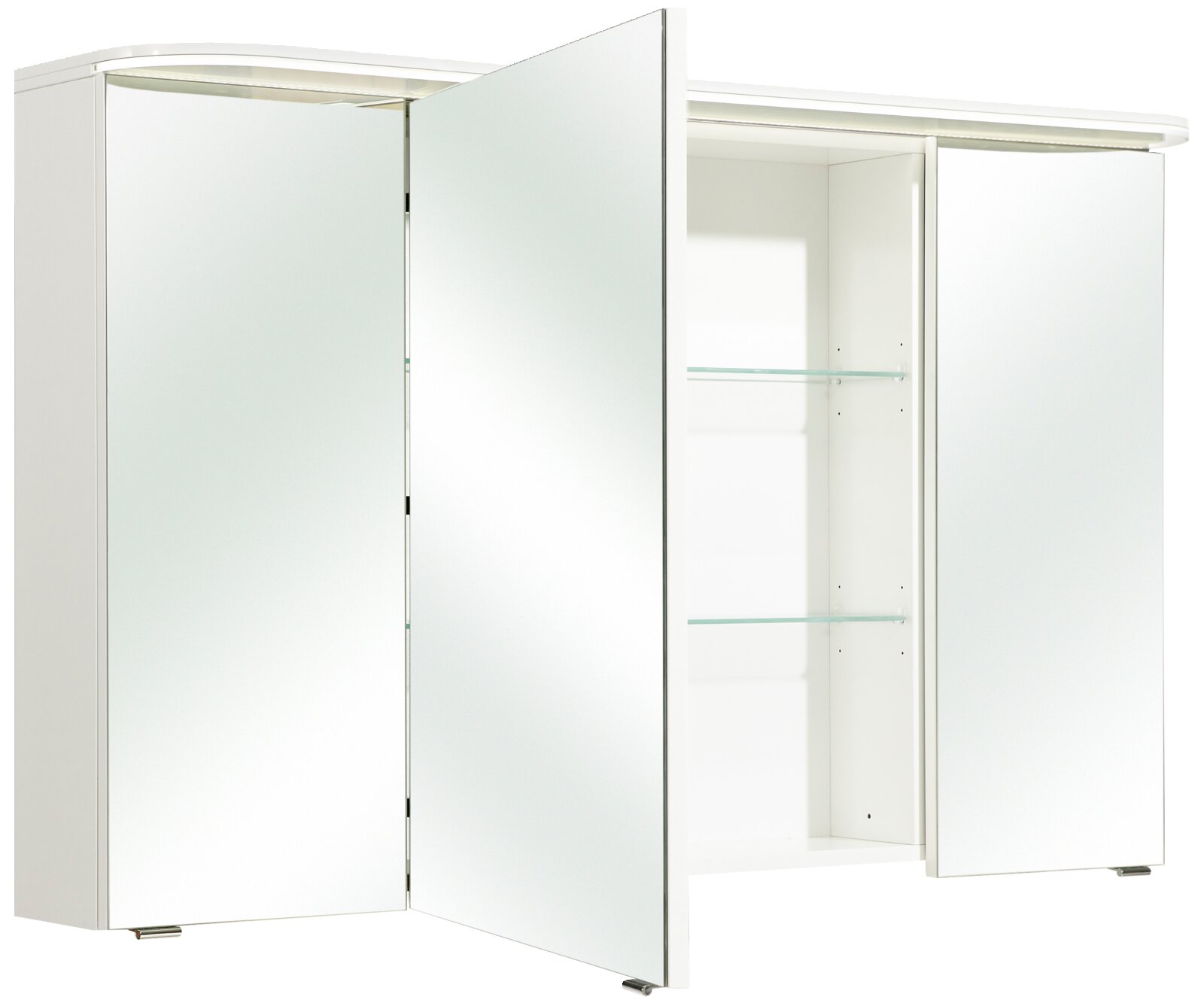 Geöffneter Spiegelschrank mit zwei Türen und Glasregalen, seitliche Perspektive
