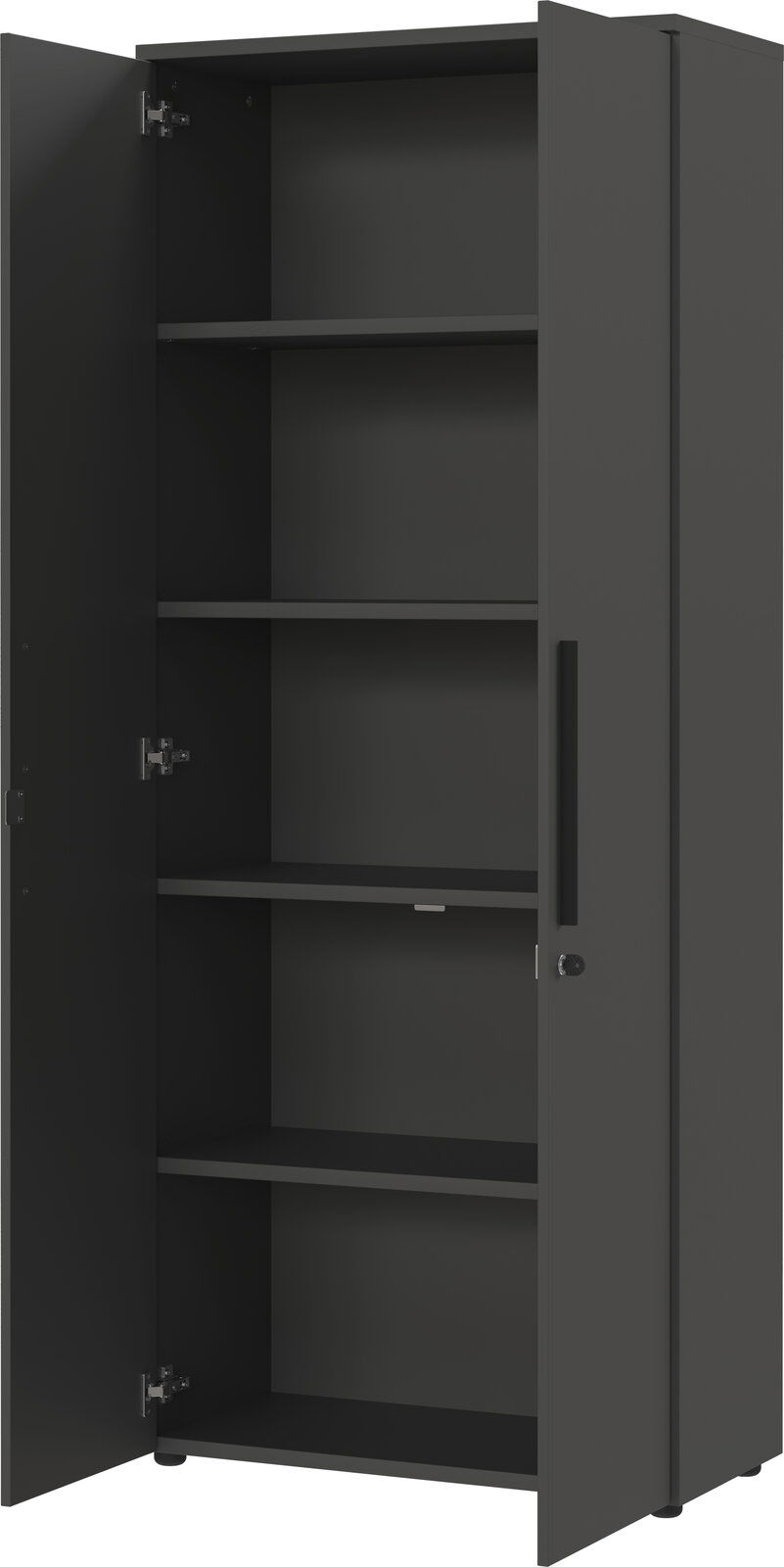 Grauer Aktenschrank mit fünf offenen Fächern, Türen geöffnet, seitliche Perspektive