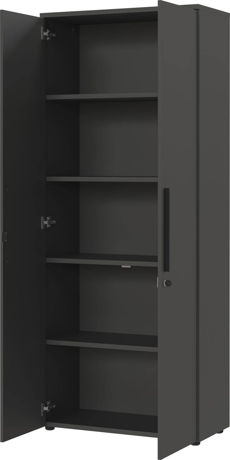 Grauer Aktenschrank mit fünf offenen Fächern, Türen geöffnet, seitliche Perspektive