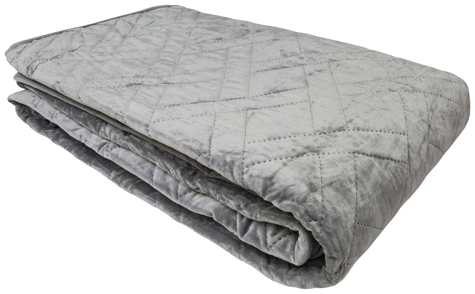 Gefaltete graue Tagesdecke mit Rautenmuster, seitliche Perspektive