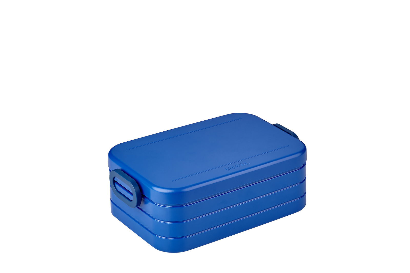 Vivid blaue Lunchbox aus Kunststoff, rechteckig mit abgerundeten Ecken, seitliche Verschlüsse, Perspektive von schräg oben.
