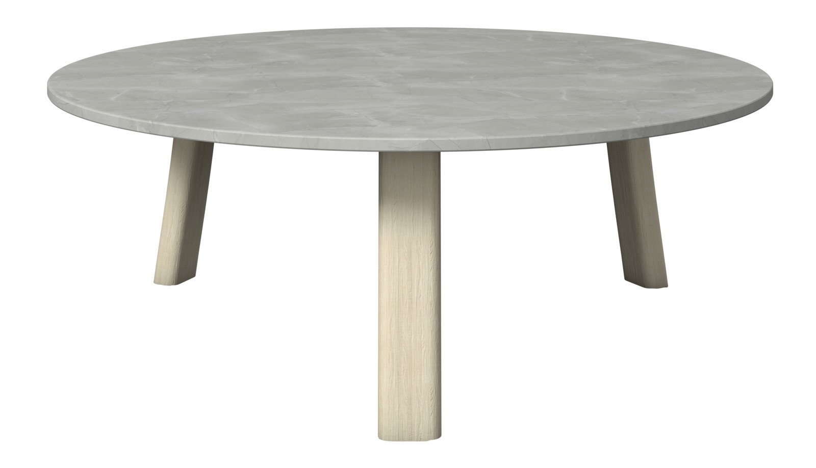 Runder Loungetisch mit grauer Tischplatte und hellen Holzbeinen, seitliche Perspektive