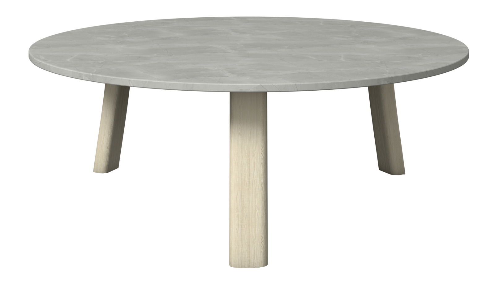 Runder Loungetisch mit grauer Tischplatte und hellen Holzbeinen, seitliche Perspektive