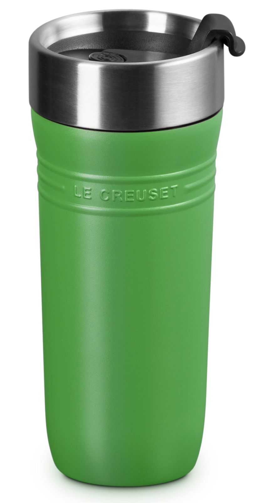 Grüner Thermobecher mit Edelstahlrand, seitliche Ansicht