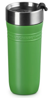 Grüner Thermobecher mit Edelstahlrand, seitliche Ansicht