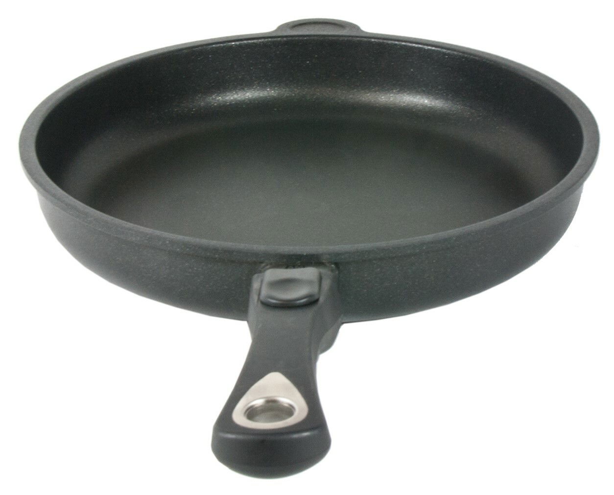 Bratpfanne mit 28 cm Durchmesser, seitliche Perspektive, schwarzes Design mit ergonomischem Griff.