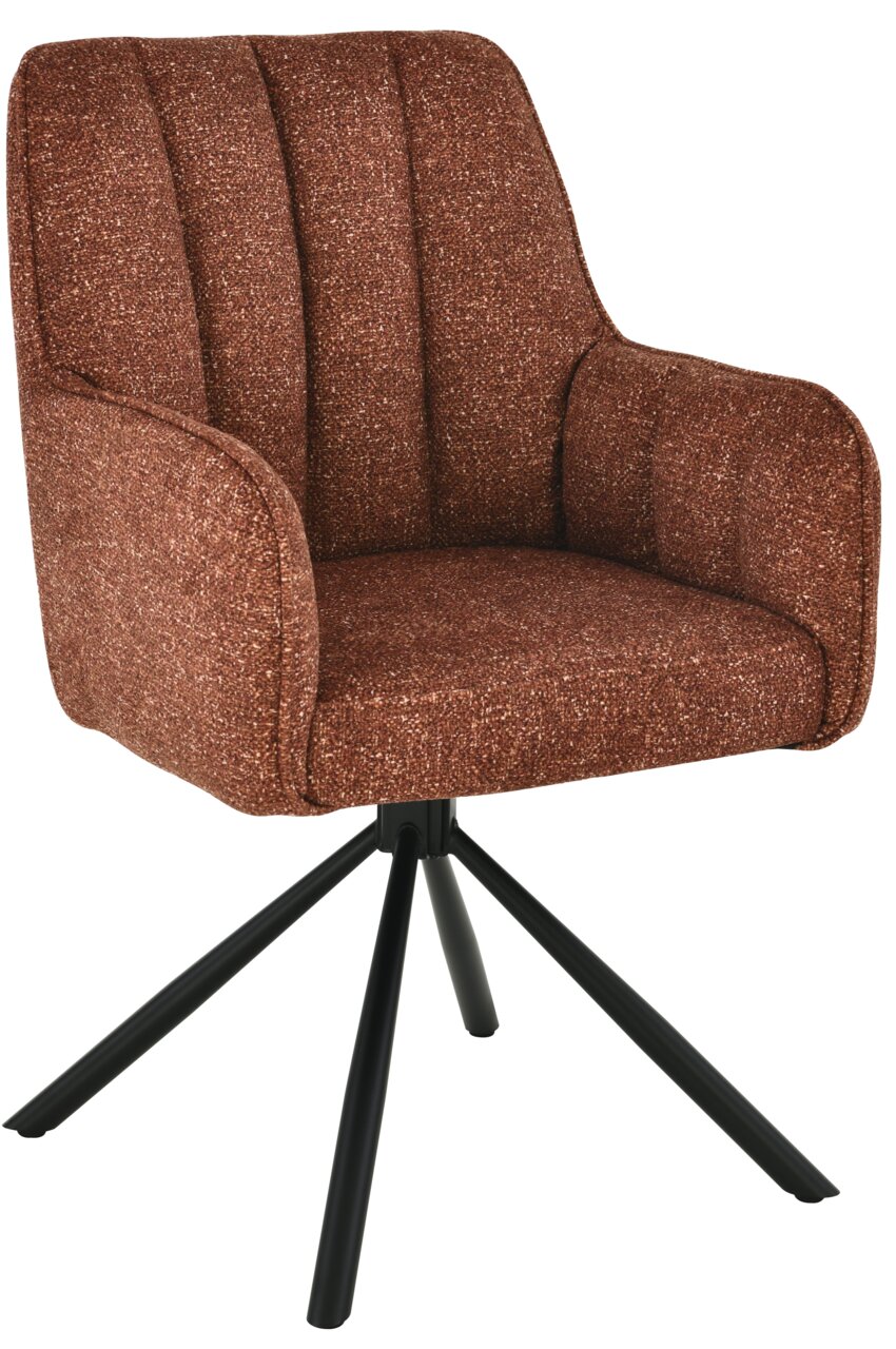 Bruine fauteuil met gestoffeerde zitting en rugleuning, op een zwart metalen onderstel, vooraanzicht