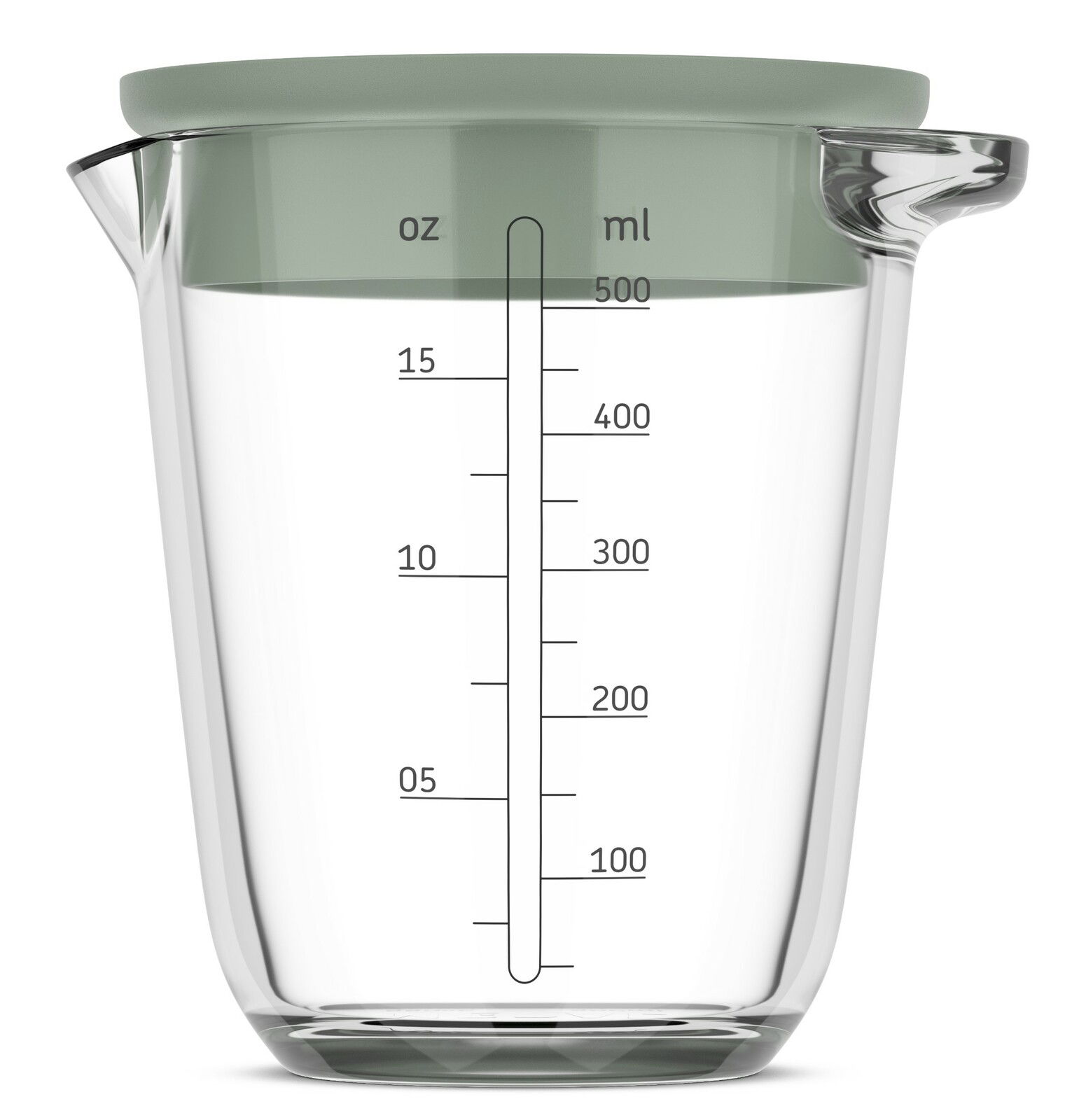 Glas-Messbecher mit 500 ml Fassungsvermögen, seitliche Skala in ml und oz, Ansicht von vorne
