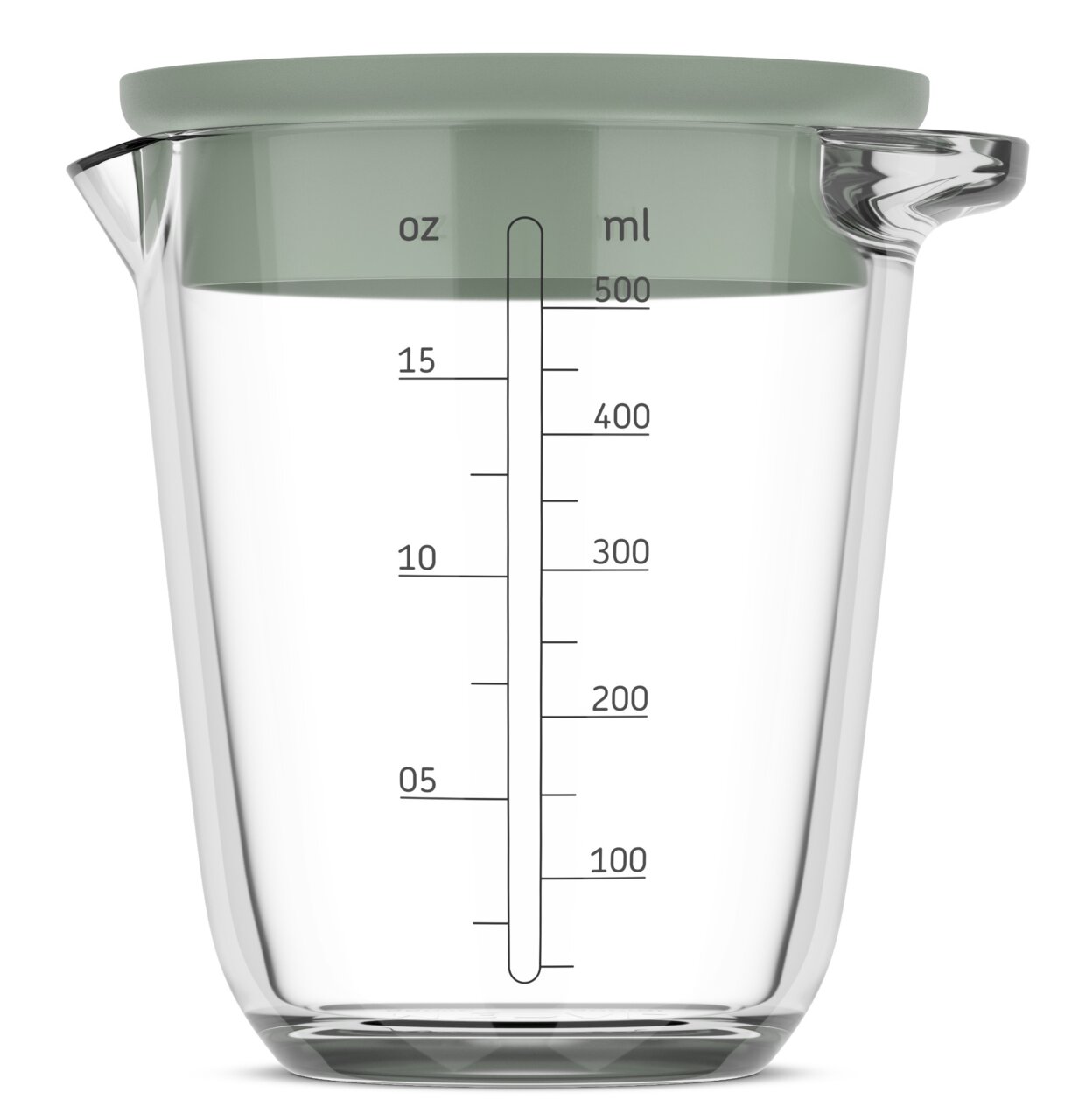 Glas-Messbecher mit 500 ml Fassungsvermögen, seitliche Skala in ml und oz, Ansicht von vorne
