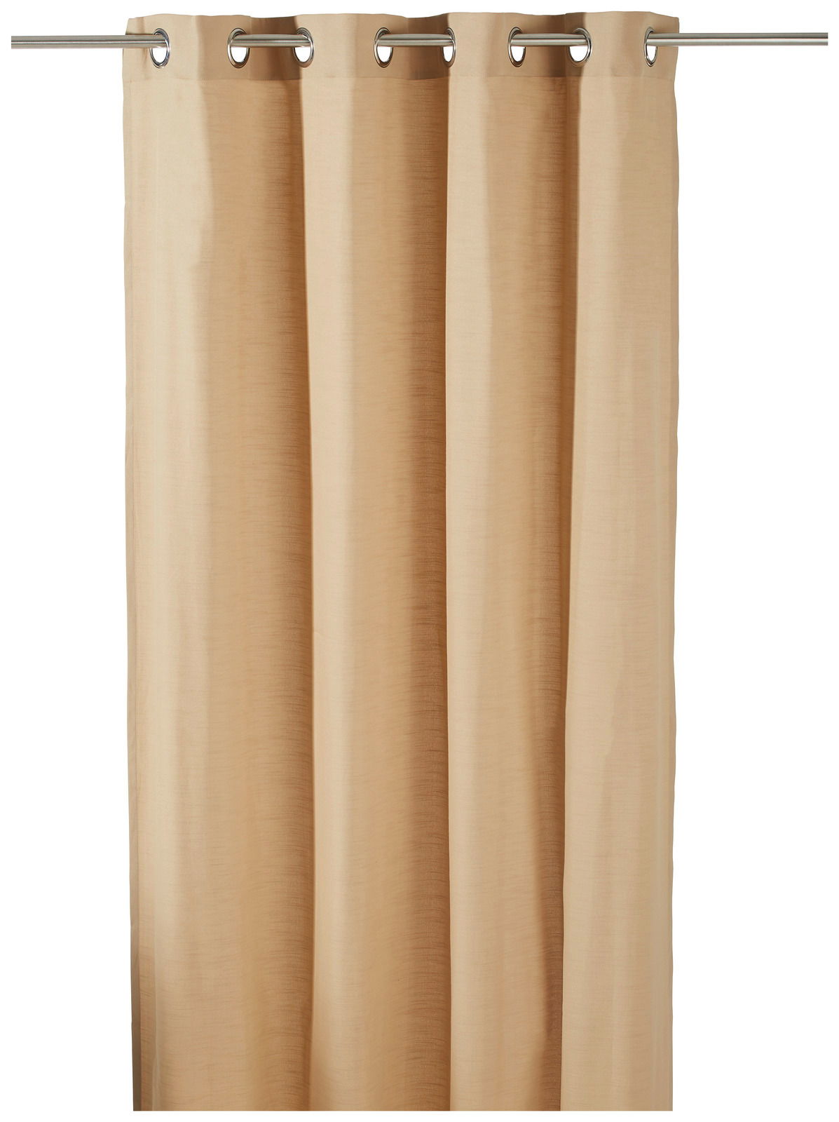 Beiger Ösenschal aus Stoff, frontal fotografiert, mit Metallösen an einer Gardinenstange befestigt.