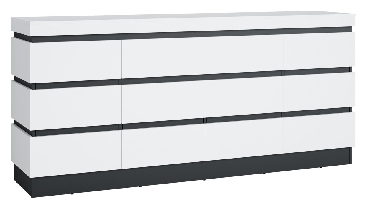 Modernes Sideboard in Weiß mit grauen Akzenten, frontal betrachtet.