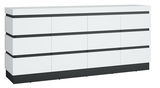 Modernes Sideboard in Weiß mit grauen Akzenten, frontal betrachtet.