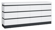 Modernes Sideboard in Weiß mit grauen Akzenten, frontal betrachtet.