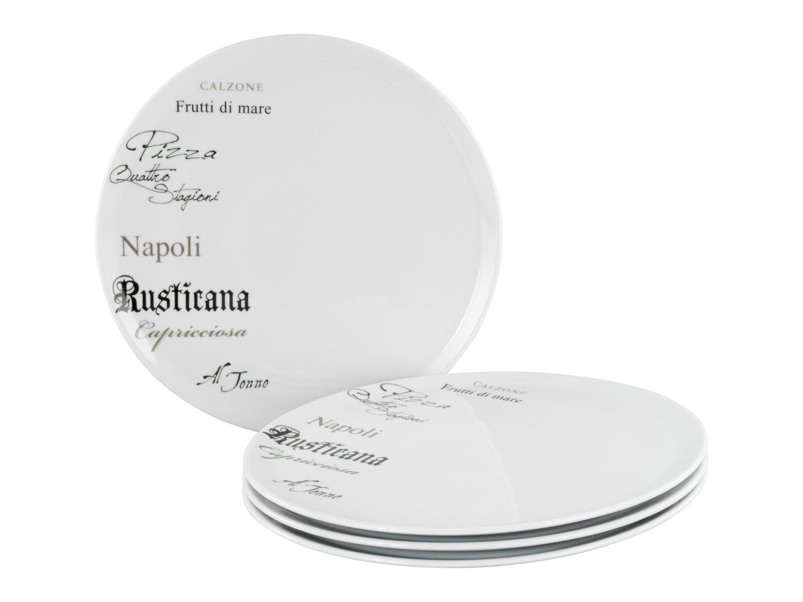 Weiße runde Pizzateller mit italienischer Schrift (u. a. Napoli, Rusticana) auf weißem Hintergrund, ein Teller frontal von oben und ein Stapel leicht schräg aus seitlicher Perspektive.