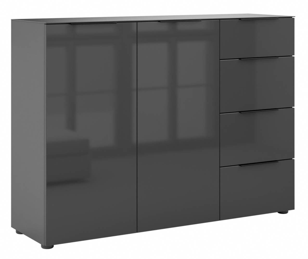 Novel Sideboard STYLE Modernes Sideboard in dunklem Hochglanz mit zwei Türen und fünf Schubladen, seitliche Perspektive