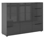 Modernes Sideboard in dunklem Hochglanz mit zwei Türen und fünf Schubladen, seitliche Perspektive