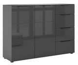 Modernes Sideboard in dunklem Hochglanz mit zwei Türen und fünf Schubladen, seitliche Perspektive