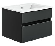 Moderne Badkombination mit schwarzem Unterschrank und weißem Waschbecken, seitliche Perspektive