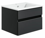 Moderne Badkombination mit schwarzem Unterschrank und weißem Waschbecken, seitliche Perspektive