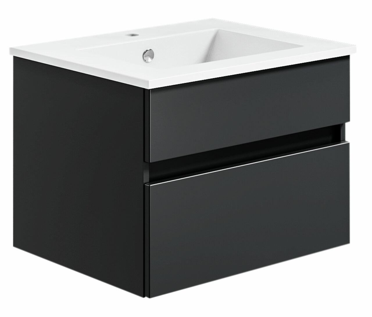 Moderne Badkombination mit schwarzem Unterschrank und weißem Waschbecken, seitliche Perspektive