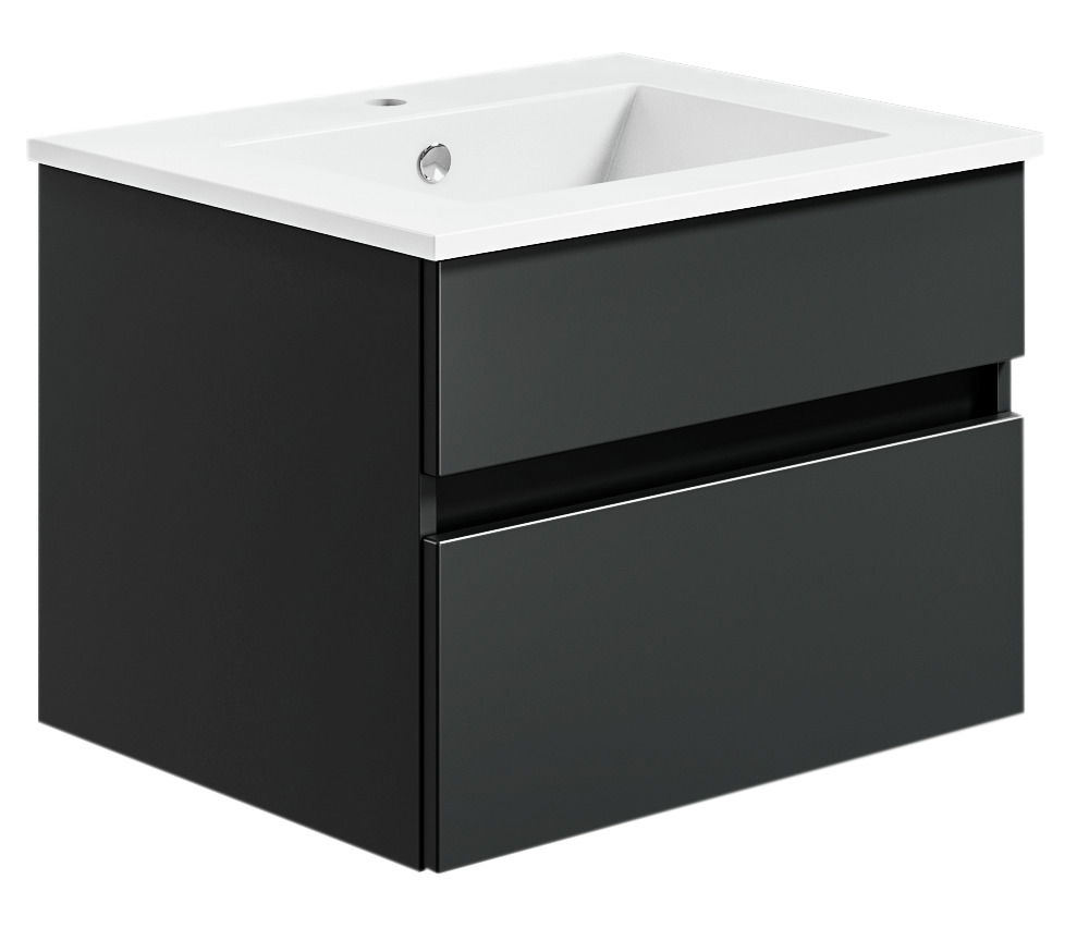 Moderne Badkombination mit schwarzem Unterschrank und weißem Waschbecken, seitliche Perspektive