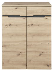 Frontansicht eines modernen Highboards aus hellem Holz mit zwei Türen und minimalistischen Griffen.