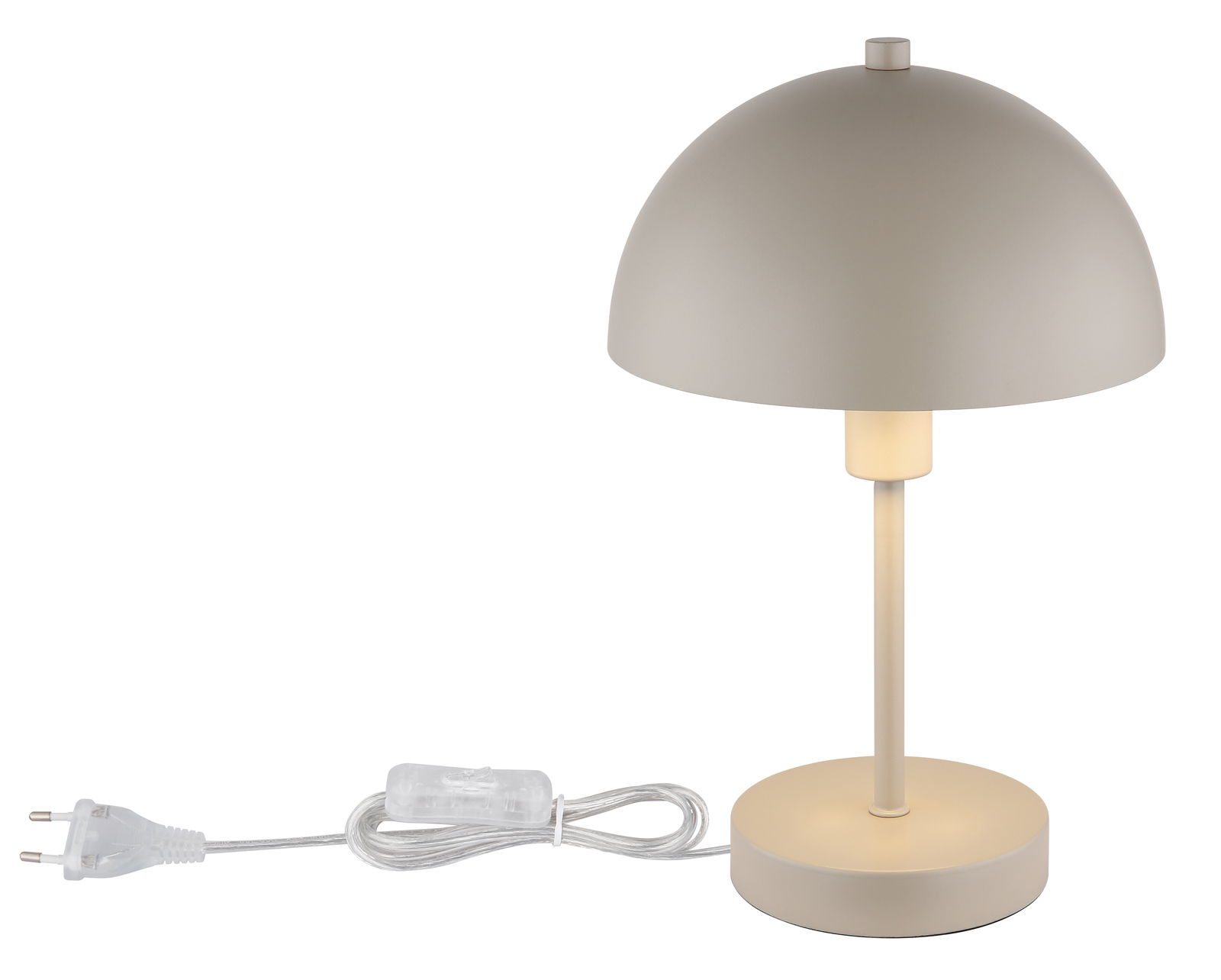 Moderne Tischleuchte mit rundem Schirm in Beige, seitliche Perspektive