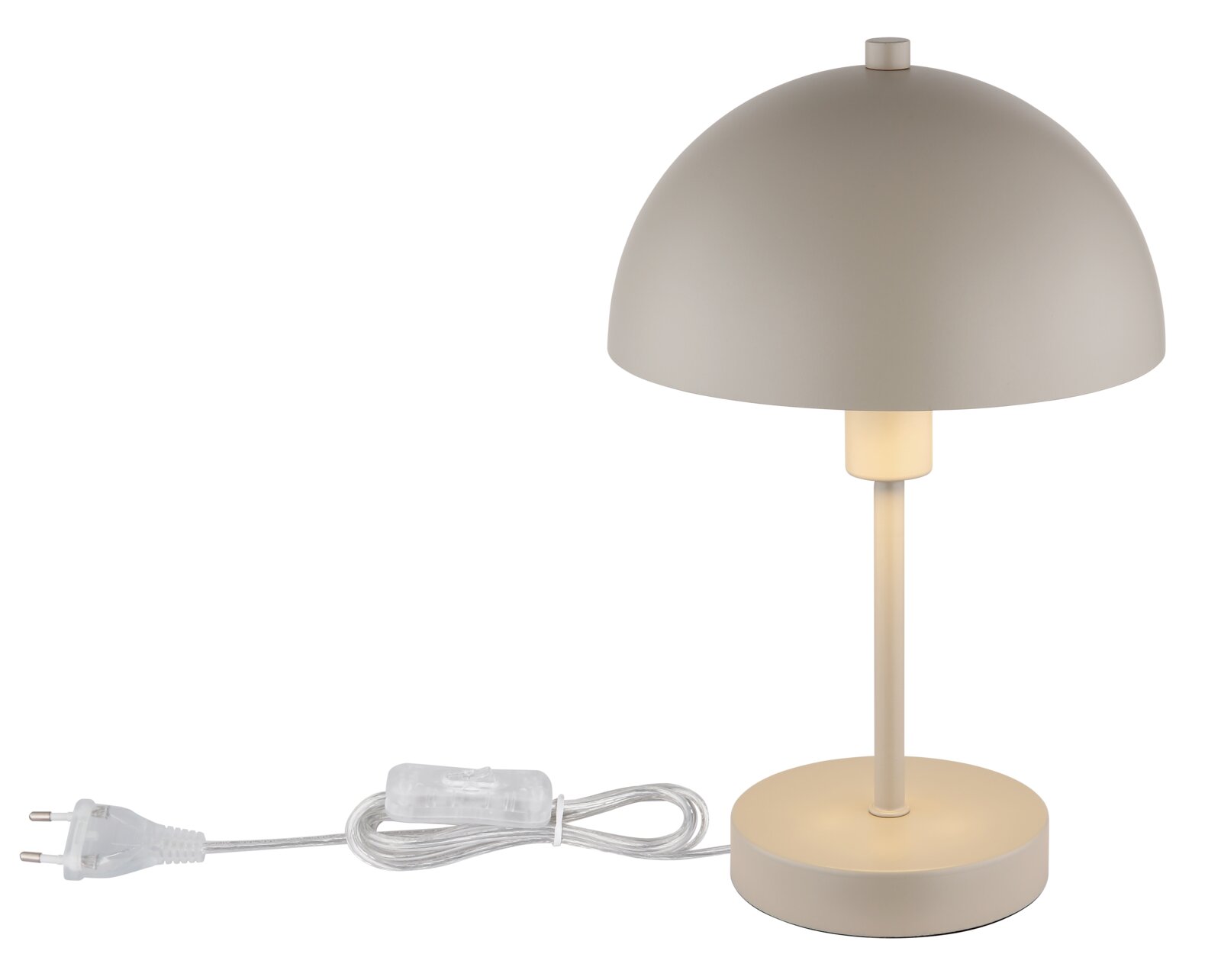 Moderne Tischleuchte mit rundem Schirm in Beige, seitliche Perspektive