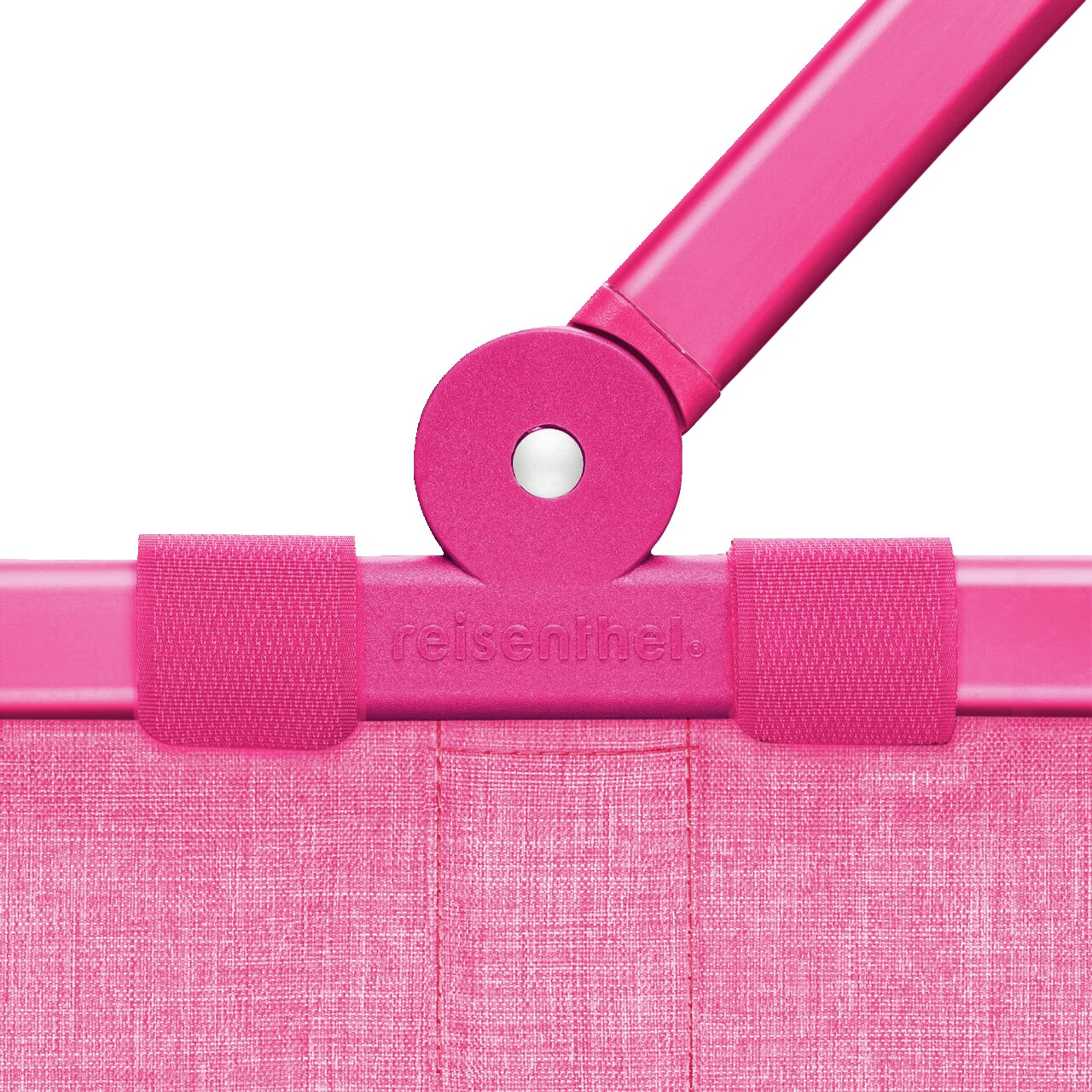 Nahaufnahme des pinken Rahmens eines Carrybag mit sichtbarem Griffgelenk, von vorne betrachtet.